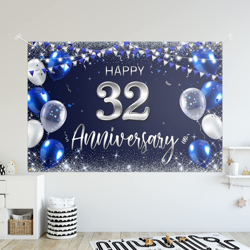 Happy 32nd Anniversary Backdrop Banner Decor Navy Blue – Silver