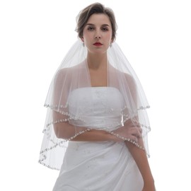 2T 2 Tier Pearls Silver Crystal Beaded Veil - Light Ivory Fingertip Length 36" V417