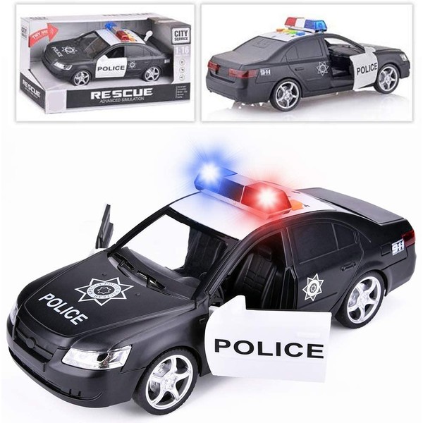 Liberty Imports Friction Powered Police Car 1:16 Kids Plastic Toy Rescue Emergency Cop Vehicle with Lights and Siren Sound Effects