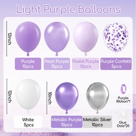 60pcs Purple and Silver Balloons 12inch with Pearl Purple White Metallic Silver Confetti Balloons for Wedding Bridal Baby Shower Birthday Party Decorations