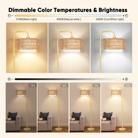 PARTPHONER Gold Floor Lamp for Living Room, Farmhouse Tall Lamp with 3 Color Temperatures Remote & Dimmable Bulb, Boho Lamp Rattan and Fabric Shades Bedroom Study Room Office Hotel