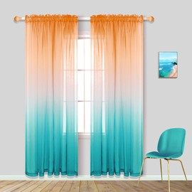 Cortinas transparentes naranjas de 84 pulgadas de longitud para recámara, juego de 2 paneles de cortinas de ventana, color naranja y verde, verde azulado, playa, día festivo, decoración de la Habana,