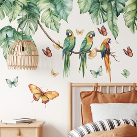 MEFOSS Watercolor Palm Leaves Wall Decals Tropical Birds Wall Stickers Green Plants Hanging Vines Flower Wall Stickers Living Room Kids Bedroom Office Wall Decor