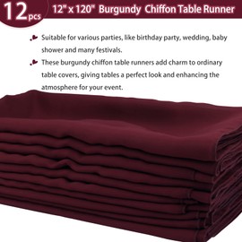 Fivenl 12 Packs 10Ft Chiffon Table Runner 12 x 120 Inches Sheer Table Runner Romantic Chiffon Table Runner for Wedding Birthday Party Bridal Baby Shower Table Decoration (12" x 120", Burgundy)