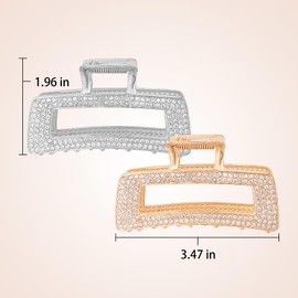CURASA Rhinestone Hair Claw Clips For Women 2PCS Rectangle Crystal Jaw Clip Strong Hold Elegant Bling Hairclip Gold & Sliver Metal Clawclips For Styling Wedding Party Accessories For Thin Thick Hair