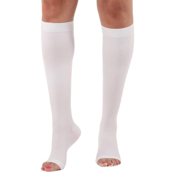 Mojo Compression Socks 20-30mmHg Knee-Hi Stockings | Open Toe | White Large