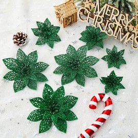 Wironlst 24 Pieces Glitter Poinsettia Flowers Christmas Tree Ornaments, Glitzy Poinsettia Bushes Christmas Decorations for Xmas/Holiday/Seasonal/Wedding (Green)