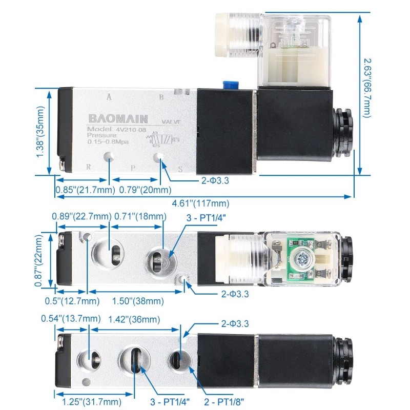 Baomain Pneumatic Air Control Solenoid Valve 4V210-08 220V Ac 5