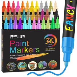 IVSUN Paint Pens Paint Markers, 36 Colors Oil-Based Waterproof Art Marker Pen Set, Never Fade Quick Dry and Permanent, Works on Rocks, Wood, Fabric, Plastic, Canvas, Glass, Mugs, DIY Craft