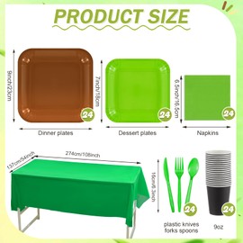 Mysora 169 Pcs Green Brown and Black Pixel Birthday Party Supplies for 24 Guests Including Square Disposable Plates Napkins Plastic Knife Fork Spoon and Tablecloth Tableware Set Decorations
