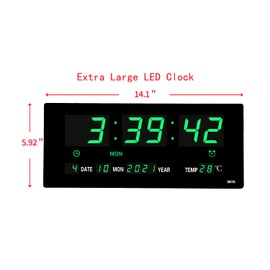14.1 Inch Oversized LED Digital Wall Clock with Indoor Temperature, Seconds, Date, Day, Memory Function Adapter Included, Wall Decorative for Living Room, Office, Conference Room, Bedroom，Green