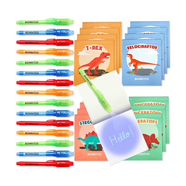 Invisible Ink Pen and Notebook, Pack 16 Dinos - BONNYCO | Party Bags Filler & Pinata Toys | Dinos Birthday Decorations | Stocking Fillers for Kids Birthday | School Prizes & Gifts for Children