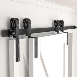 AONAYIOA 6FT Bypass Sliding Barn Door Hardware Kit, Combination Track Mode Sliding Door Hardware, Double Wooden Doors Use Single Track Bypass Barn Door Hardware Fit for Door Opening 70" (6 Feet)