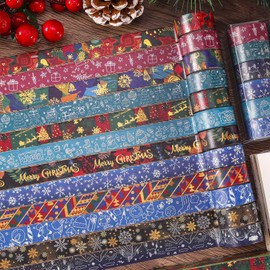 AEBORN Christmas Washi Tape Set, 12 Rolls Gold Foil Xmas Decorative Tapes with Snowflake, Tree, Deer, Perfect for Bullet Journal, DIY Crafts, Planner, Scrapbook, Gift Packaging