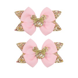 Koolgil 4.5 Inch Cute Mouse Ears Sequins Bows Hair Clips For Baby Girls, Toddler, Kids and Young Women Birthday Party Wedding Christmas Occasions Set of 2 (B- Gold Pink)