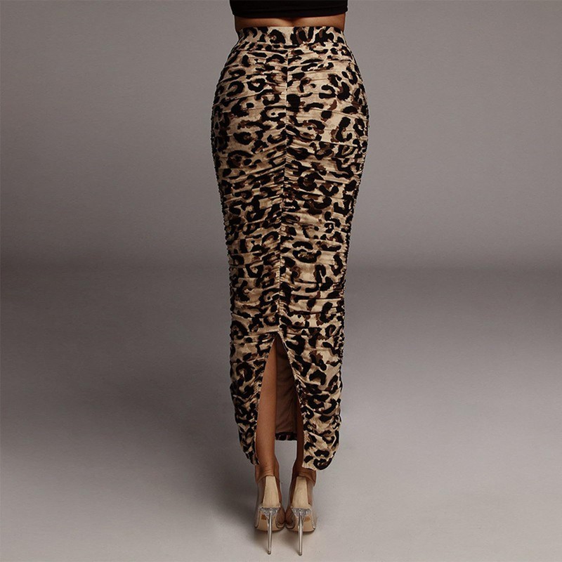 Women's Leopard Skirt Midi Long High Waist Silk Satin Elastic
