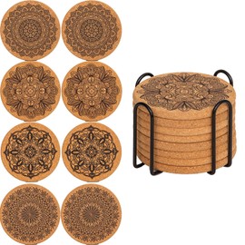 YUNYU 8Pcs Cork & Wood Coasters Set with Holder - Heat-Resistant Drink Coasters, Non-Slip Absorbent Coaster Set for Coffee Tables, Natural Brown Wooden Coasters Home Décor Accessories (C)