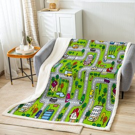 Throw 50"x60" Playing Car Fuzzy Blanket Road and Traffic Flannel Fleece Throw Blanket for Sofa Couch Toddler Soft Coloful Fun Game Sherpa Blanket All Season Educational Race Track Plush Blanket