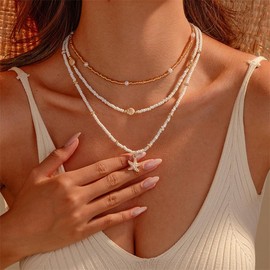 Seashell Necklace Beach Jewelry for Women Starfish Fish Necklace Boho Pearl Choker Sea Shell Necklaces for Women Beach Necklaces Summer Vacation Jewelry (Style5)