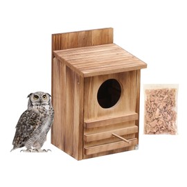 Large Owl House Outdoor (15x9x7.6 in) - Carbonized Cedar Nesting Box w/Wood Shavings | Easy Assembly Wildlife Habitat for Gardens, Backyards