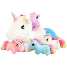 SQEQE Cute Unicorn Stuffed Animals with 4 Baby Unicorn Plushies in Her Tummy, Rainbow Flying Unicorn Plush Pillow Toy with Wings Gifts for Age 3-8, Valentine Birthday Gifts for Boys Girls