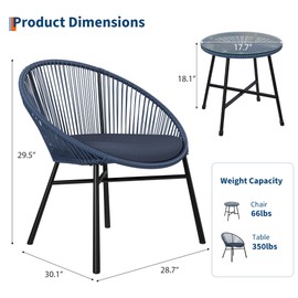 3 Pieces Outdoor Acapulco Chair Patio Bistro Set, All-Weather Acapulco Chairs with Glass Top Table, Modern Patio Conversation Chairs Set of 2 for Balcony, Pool, Garden, Backyard, Blue