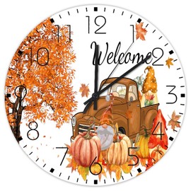 15 Inch Silent Non-Ticking Wall Clocks Battery Operated Seasonal Welcome Fall Wall Decor for Patio Garden Gnomes Dwarf Autumn Retro Round Wooden Wall Clock Vintage for Gym Restaurant