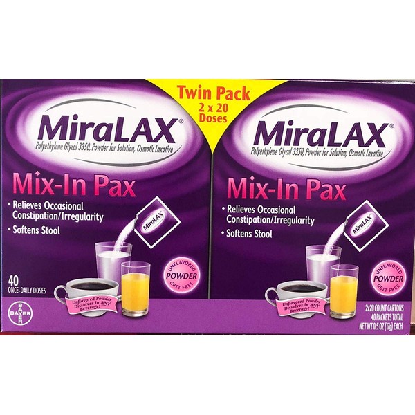 Bayer MiraLAX Osmotic Laxative, Unflavored Mix-In Pax, 20 Doses each (Value Pack of 2)