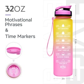 Elvira - Botella de agua grande de 32 onzas con marcador de tiempo motivacional y filtro extraíble, flujo rápido, sin BPA, no tóxico para fitness, gimnasio y deportes al aire libre, degradado amarillo y rosa