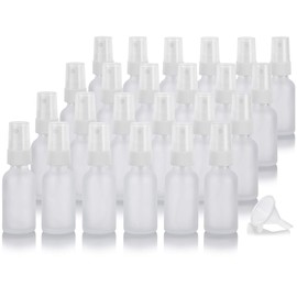 1 oz / 30 ml Frosted Clear Glass Boston Round White Fine Mist Spray Bottle (24 pack) + Funnel I Empty Container