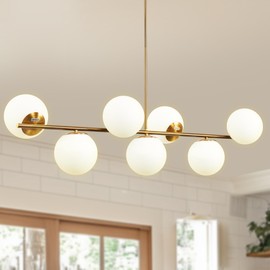 DORESshop 7-Light Modern Brass Linear Chandelier, Adjustable Mid Century Globe Chandelier, Gold Chandelier with Milk White Glass for Living Room, Kitchen Island, Dining Room Light Fixture