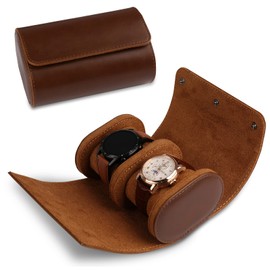 RoYiio 2 Slots Cylindrical Watch Box, Watch Roll Travel Bag, Vintage Watch Case for Men Women - Brown Upgrade Version