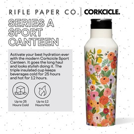 Corkcicle x Rifle Paper Co. Sport Canteen Insulated Tumbler, Garden Party Cream, 20 oz – Reusable Water Bottle Keeps Beverages Cold for 25hrs, Hot 12hrs – Cupholder Friendly Tumbler with Screw-On Cap