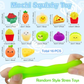 Cuackamily 16 Piece Mochi Squishy Toys Set, Mini Kawaii Food Squishies, Soft Stress Relief Toys, Cute Squeeze Toys for Birthday Parties, Class Prizes for Boys and Girls