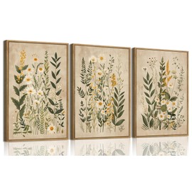 Wodkwq 3 Piece Vintage Floral Canvas Wall Art|Framed，Large Wildflower Wall Decor，Neutral Farmhouse Botanical Daisy Wall Painting ，Modern Floral Art Prints For Living Room，Bedroom，Office 12x16in
