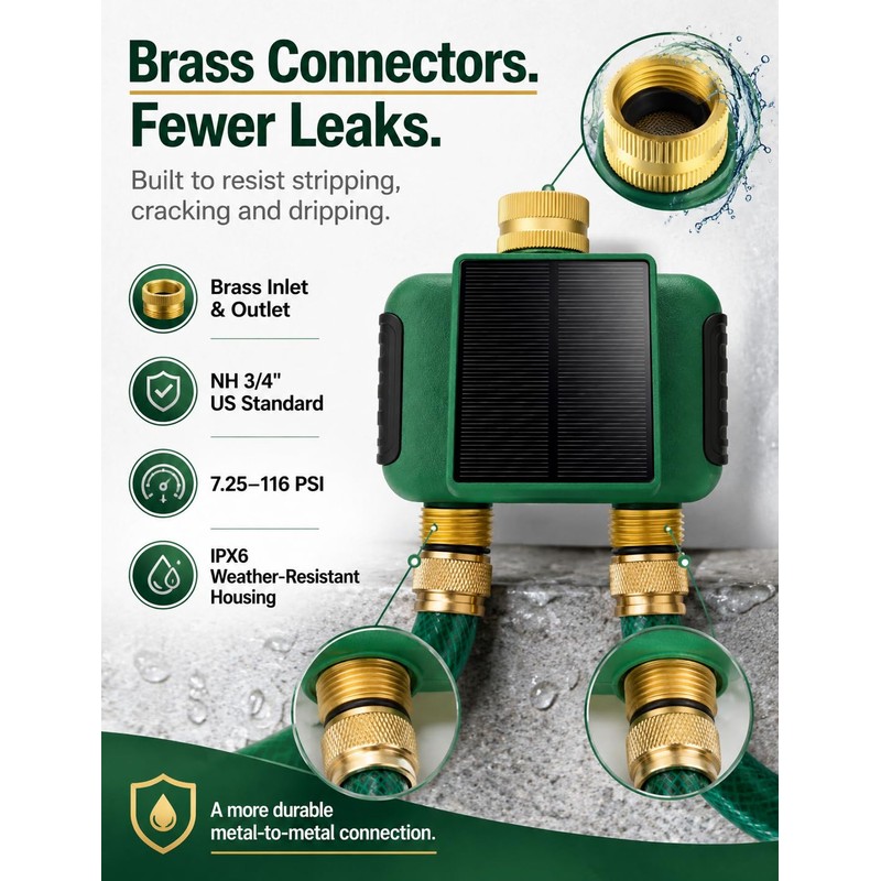 MOES Solar WiFi Hose Timer, 2-Zone Sprinkler Water Timer, Brass