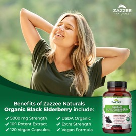 Zazzee USDA Organic Black Elderberry 10:1 Extract, 5000 mg Strength, 120 Vegan Capsules, 2 Month Supply, Standardized, Concentrated 10X Extract, 100% Vegetarian, All-Natural, Non-GMO, Made in The USA