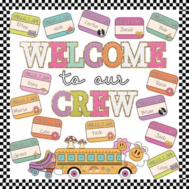 Welcome Back to School Bulletin Board Decorations Set, Groovy Classroom Decor Retro Welcome to Our Crew Classroom Decor Colorful Cutouts for Back to School Teachers Supplies Classroom Wall Door Decor
