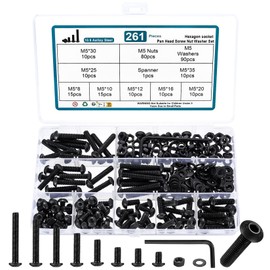 261 Piece M5 Screws Set, Black Allen Screws Nuts Set with Washers Set, Threaded Screws with Nuts, Pan Head Screws and Nuts, Bicycle Screws Set, with Key