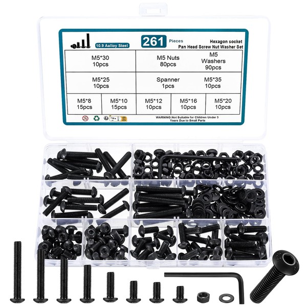 261 Piece M5 Screws Set, Black Allen Screws Nuts Set