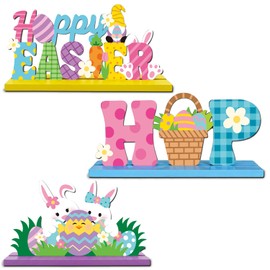 3 Pcs Easter Decorations, Wooden Easter Table Decorations, Happy Easter Table Signs with Bunny Eggs for Mantel Shelf Entryway Table Indoor Home Decor
