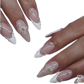 Set 8Pcs Gel 3D Clear White 4Petals Flowers Nails Charms Handmade by Gel, Design For Medium Nail 3D Flower For Nail Art Floral Salon Decor For Women Girls (Clear White 4Petals-Medium 8Pcs)
