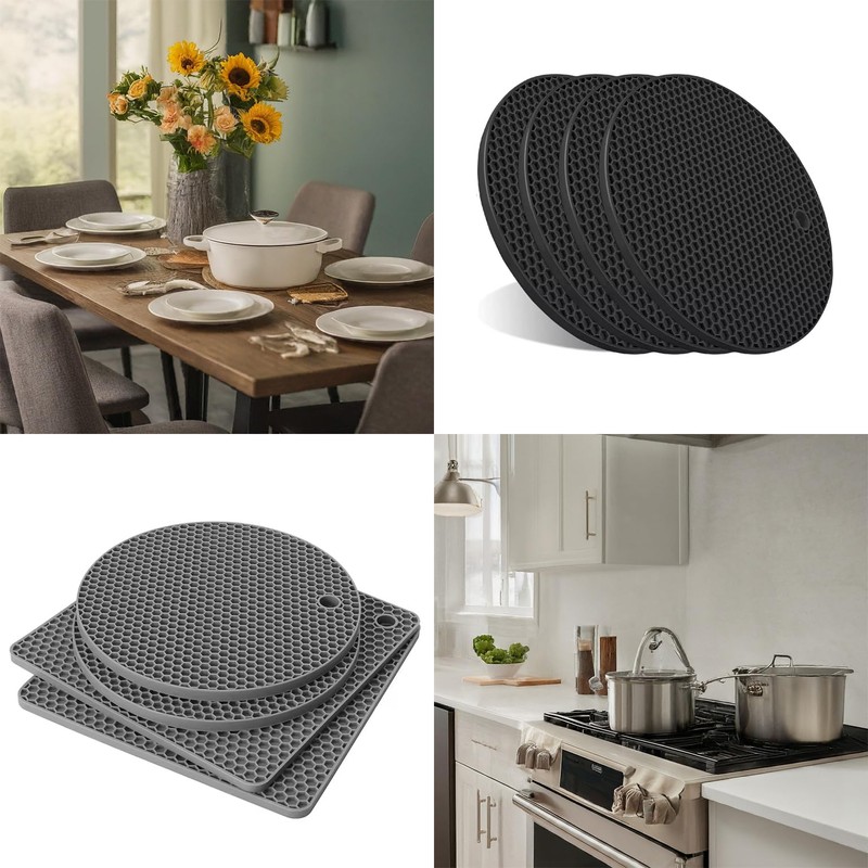 Trivets for Hot Dishes, Silicone Tivets (4, 4 Pack Black