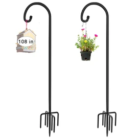 Artigarden 108 inch Outdoor Shepherd Hook with 7 Prong Base (2 Packs), Adjustable Heavy Duty Garden Hanging Stake for Bird Feeder Solar Light Plant Hanger Wedding Decor, Matte Black