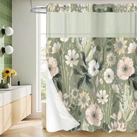 MitoVilla No Hooks Needed Boho Floral Shower Curtain Set with Snap-in Liner, Green Modern Heavy Duty Fabric Cloth Shower Curtain for Neutral Luxury Hotel Spa Bathroom Decor, 72 x 74