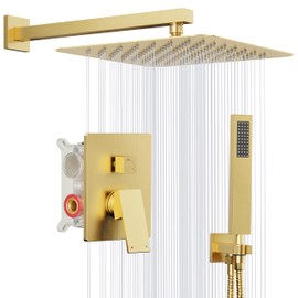Kurpot Gold Shower System, 10'' Square Rainfall Shower Head with Handheld Combo Spray, Bathroom Brushed Gold Shower Faucet Set with Valve, 59'' Shower Hose, Shower Trim Kit and Diverter, Wall Mounted