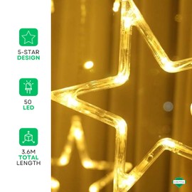 ADEPTNA 5 PCS Christmas Star Curtain Lights – 5 Stars 50 LEDs Christmas Star Curtain Lights 8 Modes Function Settings Window Door Hanging Lights for Xmas Decorations (Warm White)
