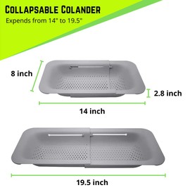 Collapsible Sink Colanders and Strainers Basket Over The Sink Colander Collapsible Colander Extendable Plastic Fruit Vegetable Strainer Drainer Basket for Kitchen(Length 14.3-19.4 inch) - Grey