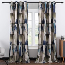 Leeva Geometric Print Blackout Curtains for Bedroom, Modern Blue Linen Privacy Light Reducing Heavy and Thick Grommet Drapes for Dining Room, Set of 2, 52 x 96