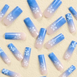 24 Pcs Blue Flowers Spuare Press on Nails Long Coffin - SHANRUN French Ballerina Fake Nails Press ons Nail Art Tip Glue on Nails Full Cover Acrylic False Nails with Ombre White Flower Design for Women